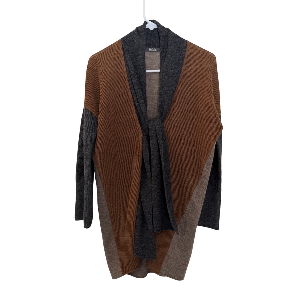 Sol Alpaca 100% Baby Alpaca Colorblock Open Front‎ Tie Cardigan Sweater S/M
